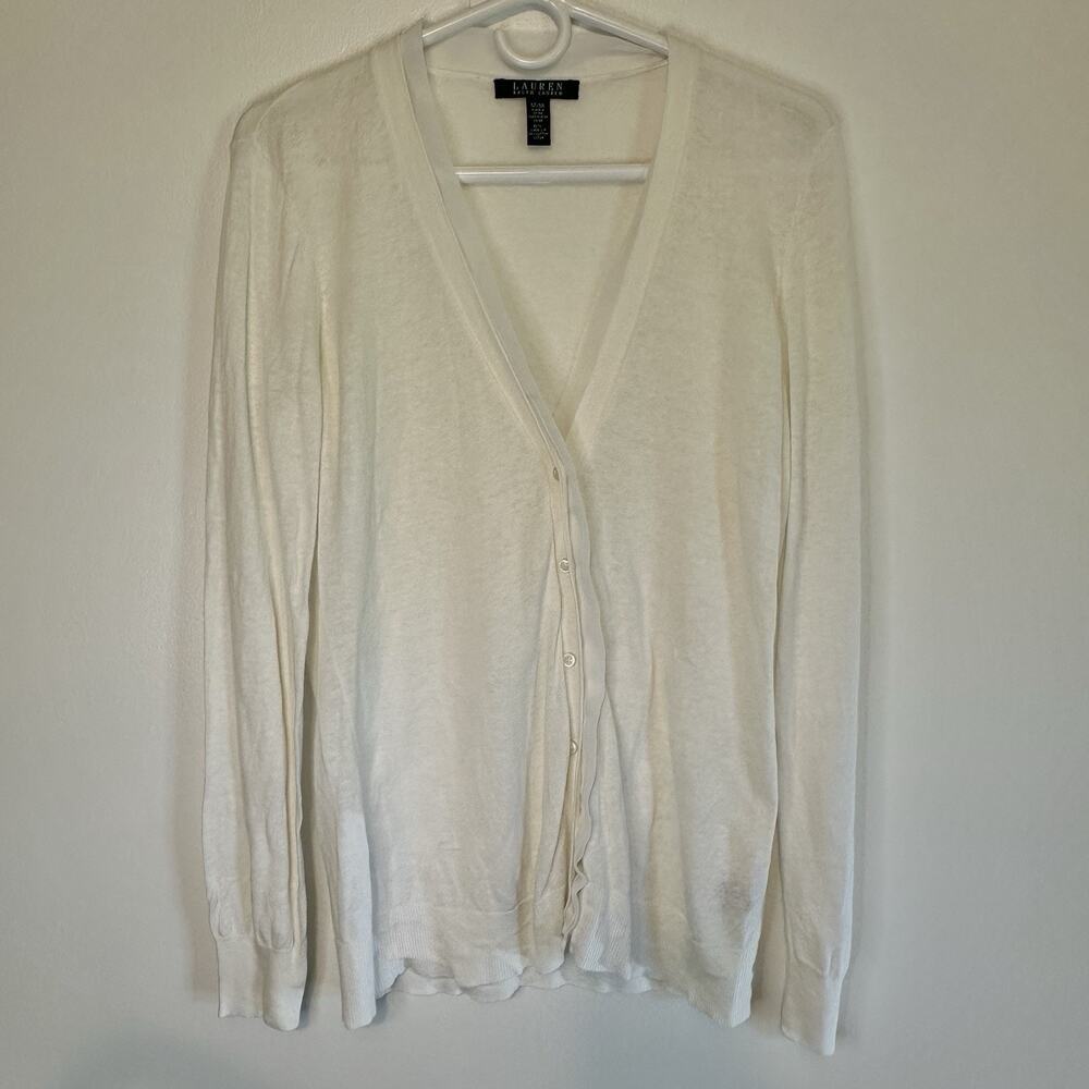 Lauren Ralph Lauren Cardigan Linen Blend Sweater Women Medium M White Button - Picture 10 of 13